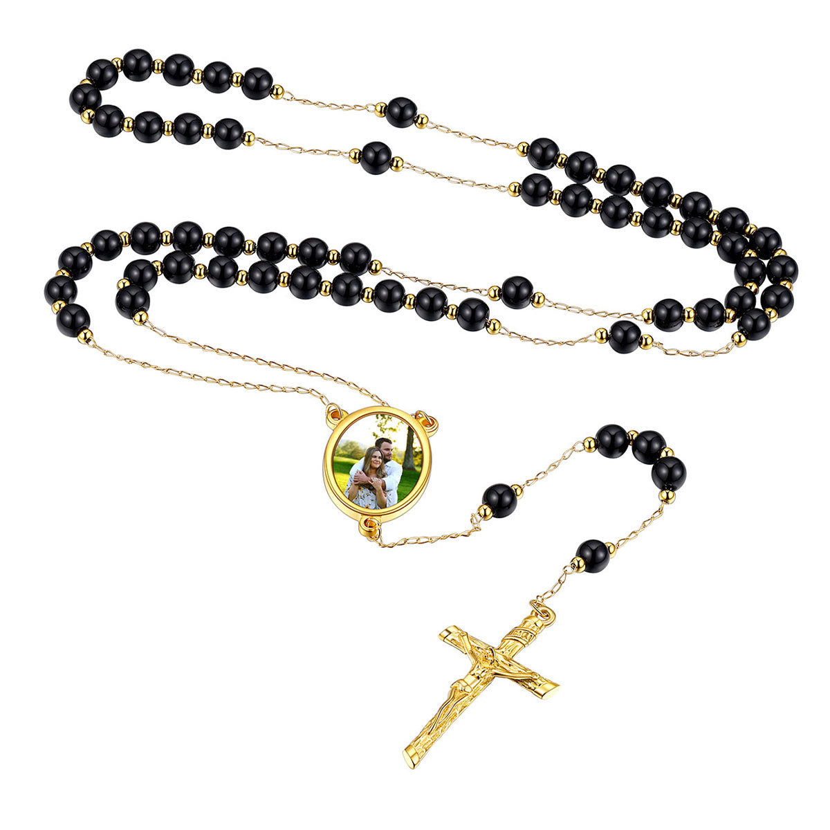 Custom Photo Virgin Mary Pearl Rosary Beads Necklace Gold Plated
