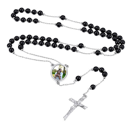 Custom Photo Virgin Mary Pearl Rosary Beads Necklace Steel