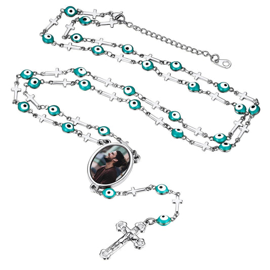 Custom Picture Evil Eye Rosary Beads Necklace with Cross