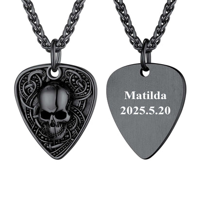 Custom Punk Guitra Pick Skull Necklace Black Plated