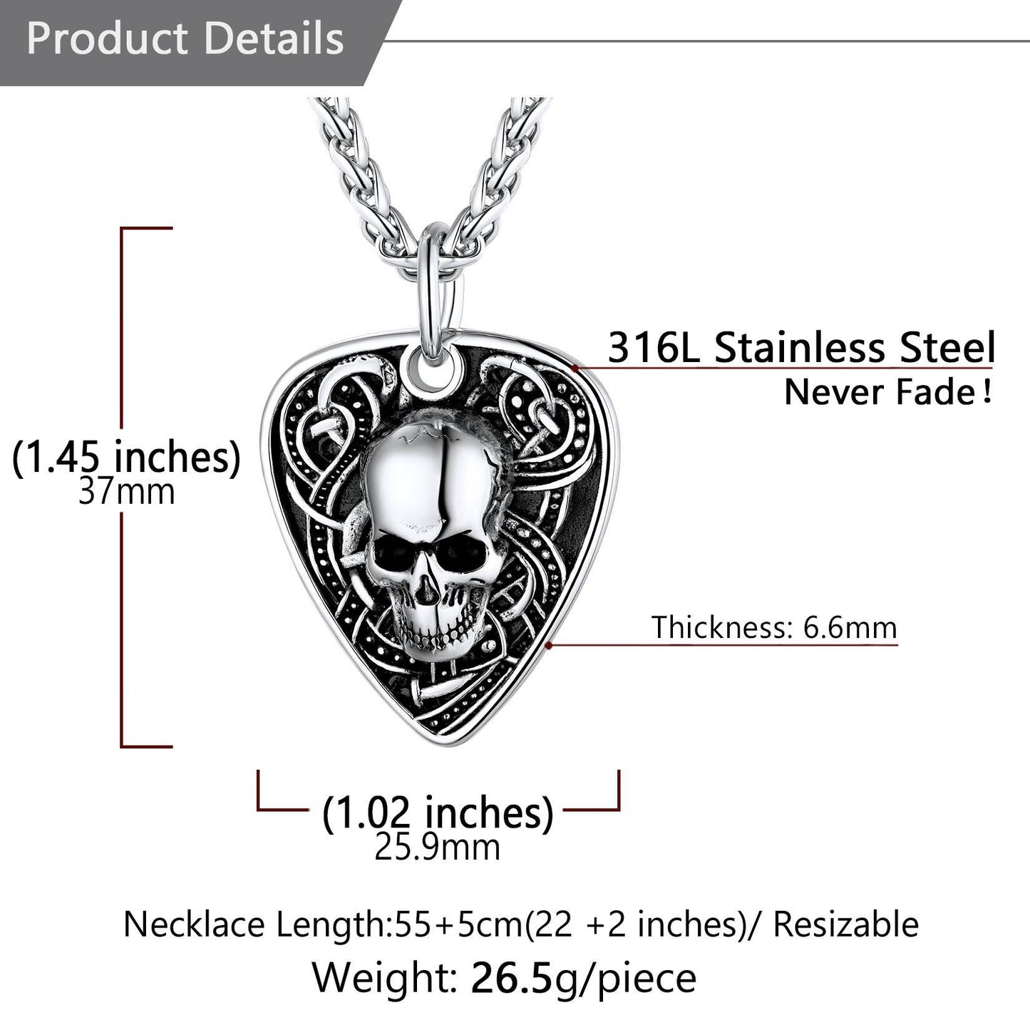 Custom Punk Guitra Pick Skull Necklace: Dimension, Durable, Solid