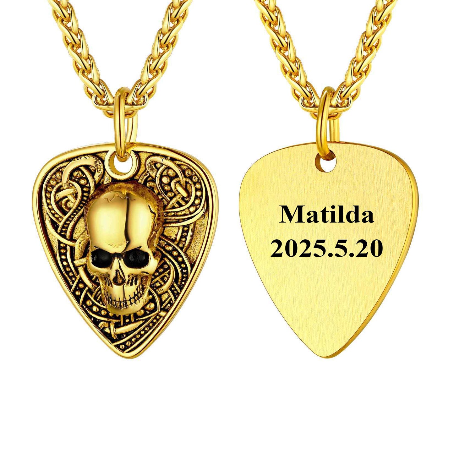 Custom Punk Guitra Pick Skull Necklace Gold Plated