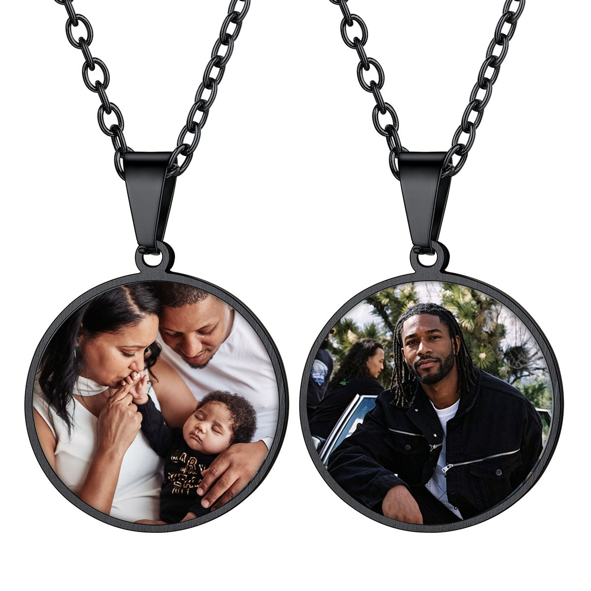 Custom Round Double Sided Picture Necklace Black Plated
