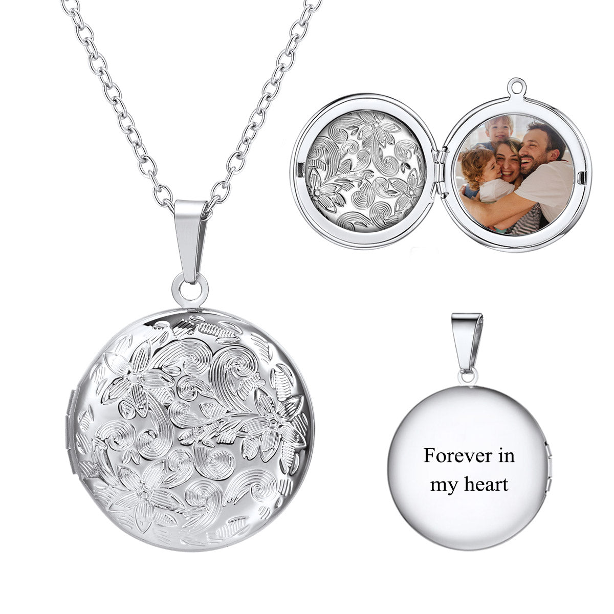 Custom Round Photo Locket Necklace with Flowers