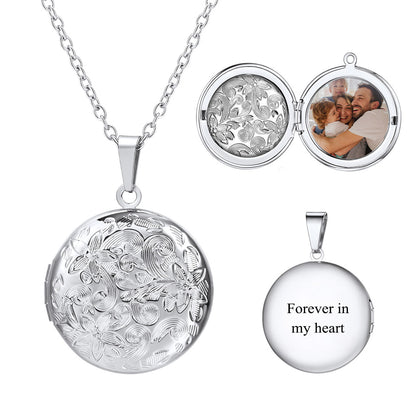 Custom Round Photo Locket Necklace with Flowers