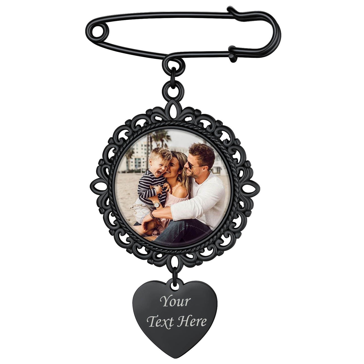 Custom Round Picture Charms Brooch Pins Black Plated