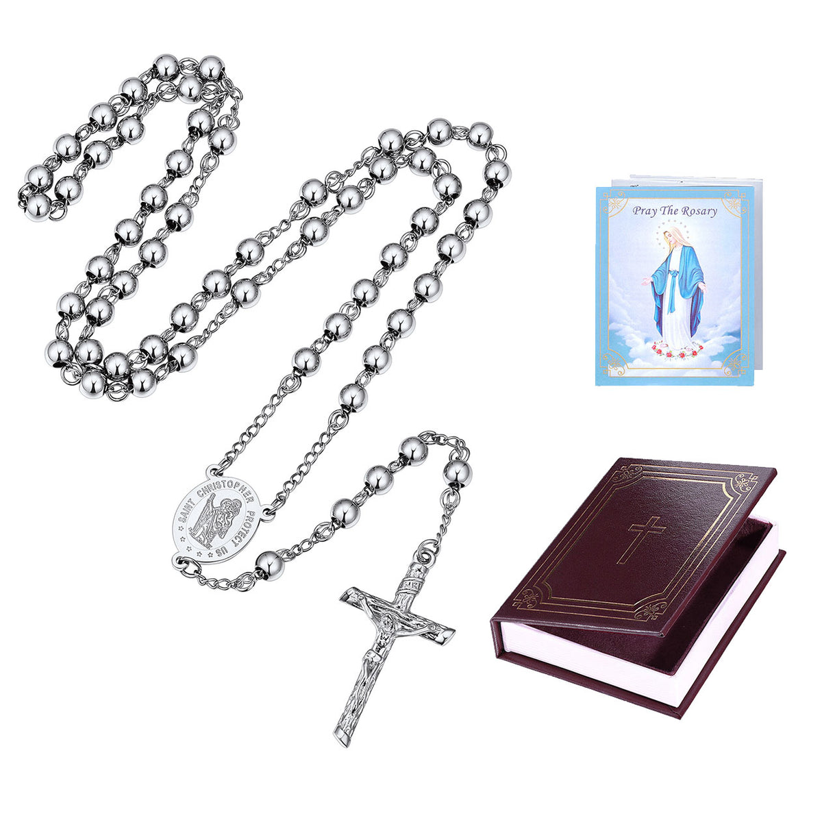 Custom Saint Christopher Rosary Beads Necklace with Cross with greeting card and gift box