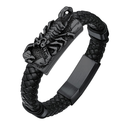 Custom Scorpion Leather Braided Bracelet for Men Black Plated