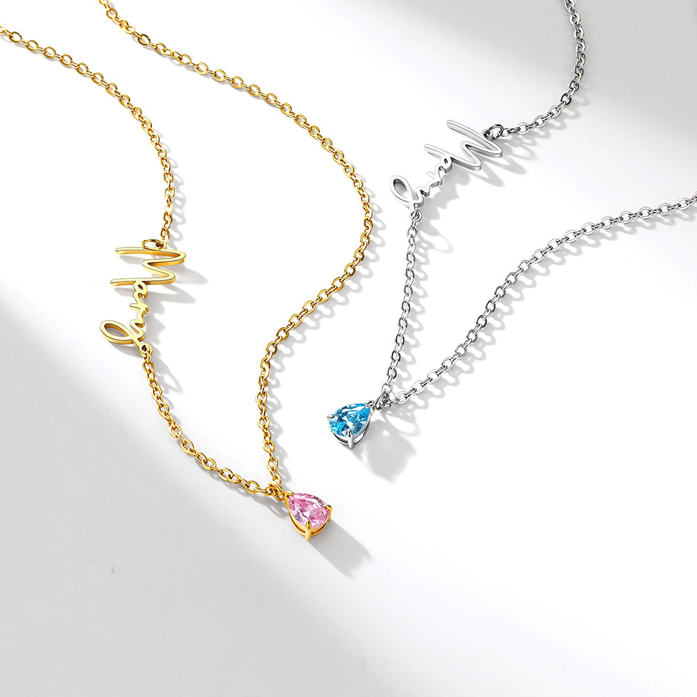 Custom Sideways Name Birthstone Necklace for Women in different color