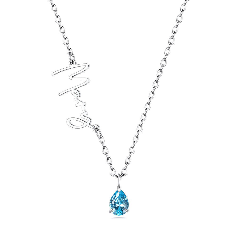 Custom Sideways Name Birthstone Necklace for Women in steel on a white background