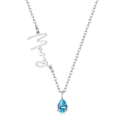 Custom Sideways Name Birthstone Necklace for Women in steel on a white background