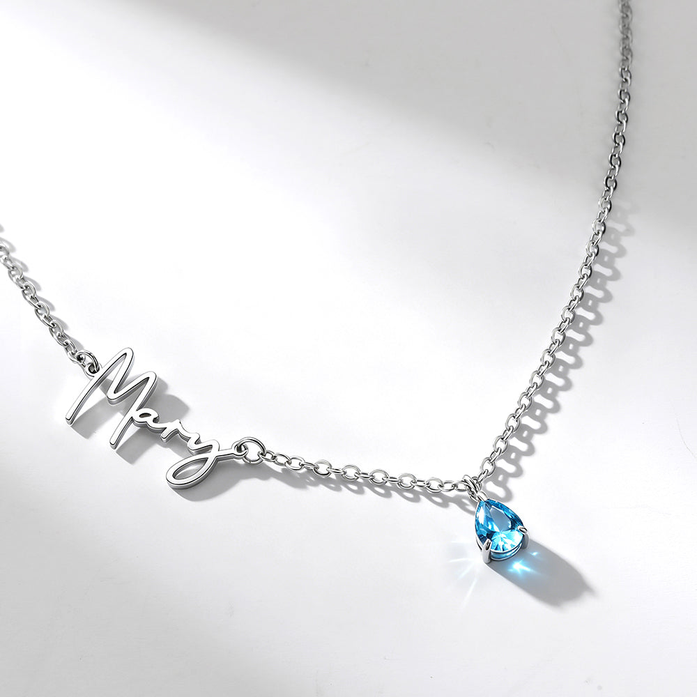 Custom Sideways Name Birthstone Necklace for Women  on a white background