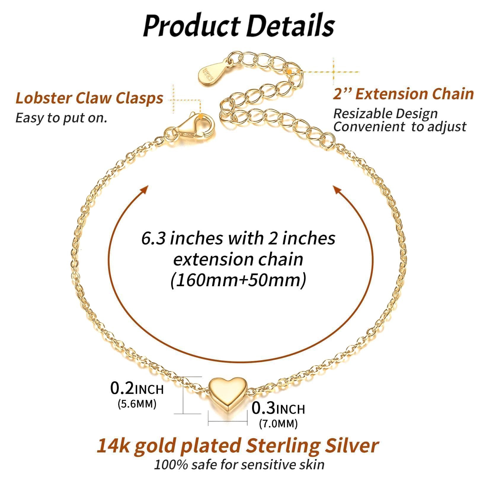 Custom Tiny Heart Bracelet for Women in 925 Sterling Silver Dimension, Hypoallergenic