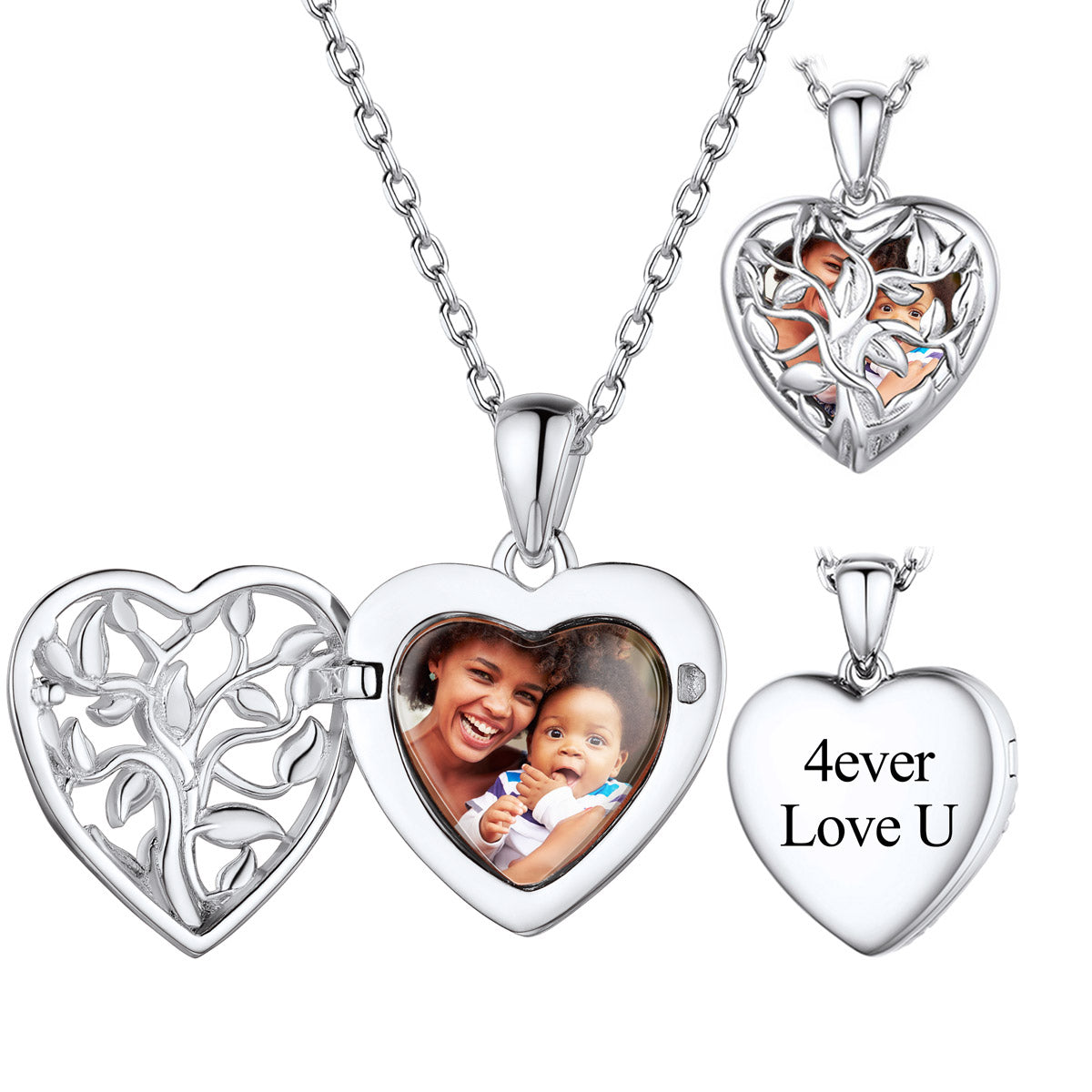 Custom Tree of Life Heart Locket Picture Necklace in Sterling Silver
