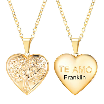 Custom Tree of Life Hearts Pictures Locket Necklace Gold Plated