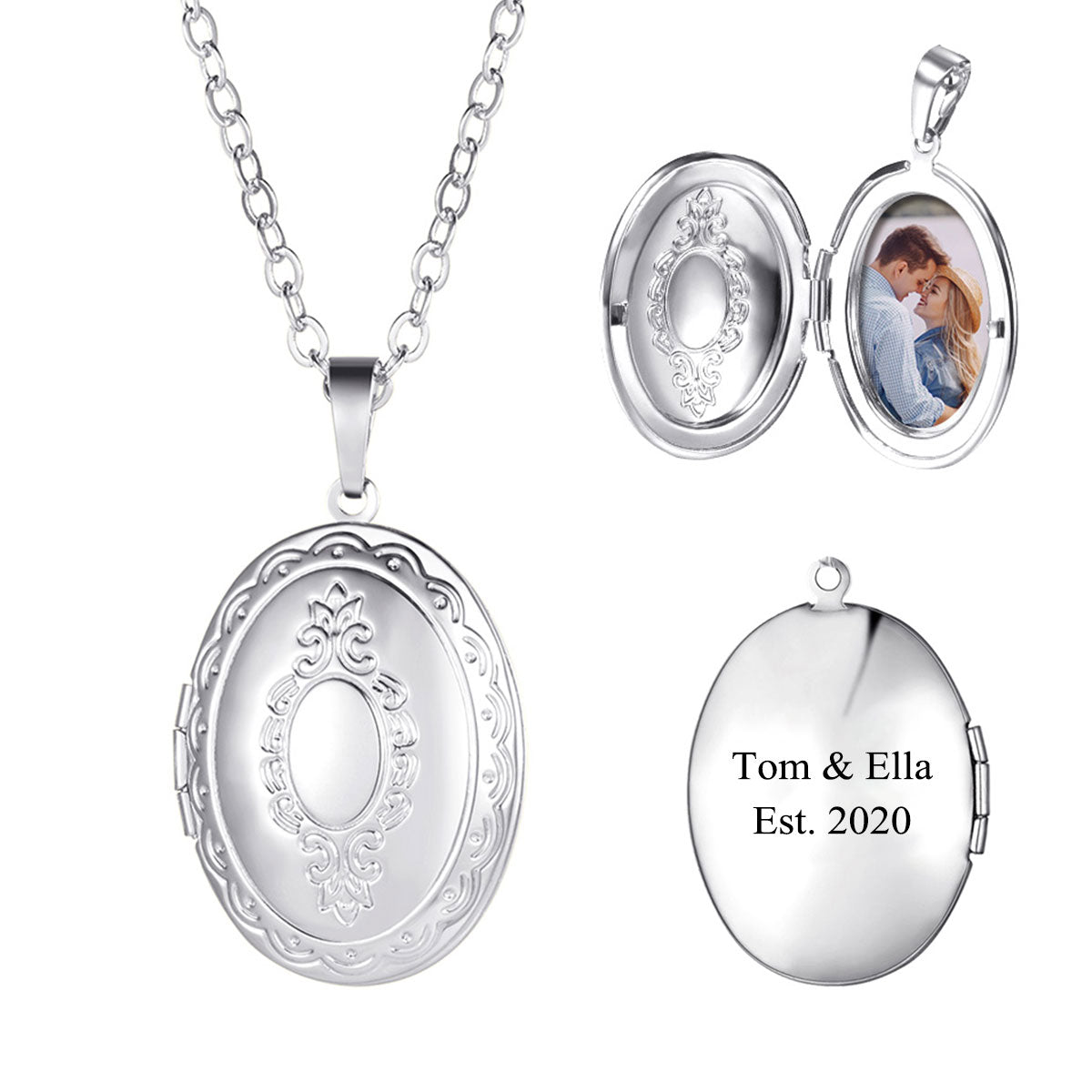 Custom Vintage Oval Photo Locket Necklace with Flowers