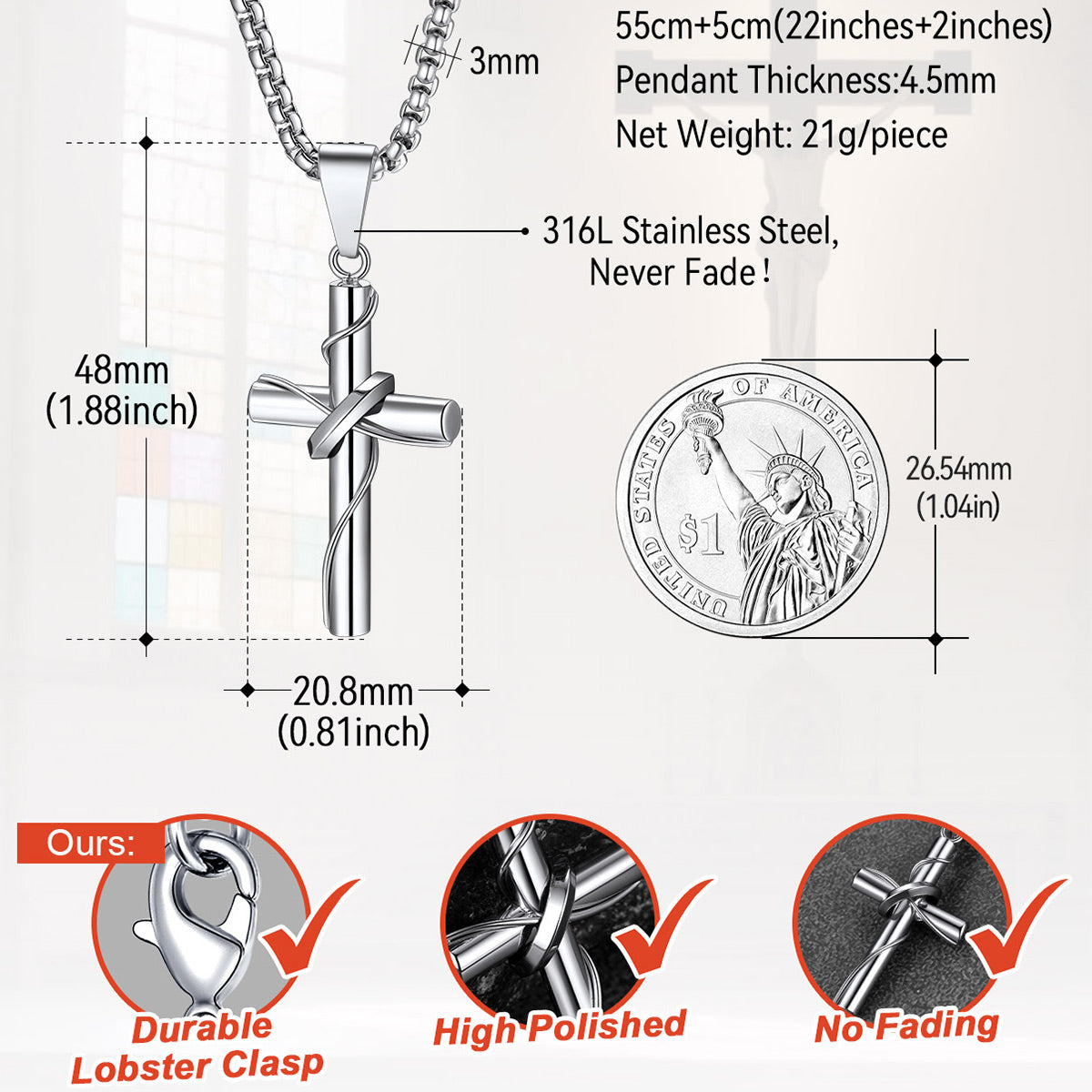 Custom Wrap Cross Necklace: Dimension, Durable, Solid