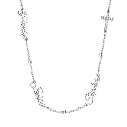 Custom engraved nameplate necklace with cross detail on a white background