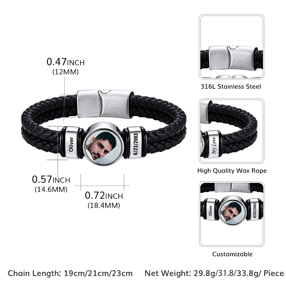 Customizable black braided rope photo bracelet with a stainless steel clasp and a circular photo insert, shown with dimension labels and inset detail views of the clasp, wax rope, and custom design.