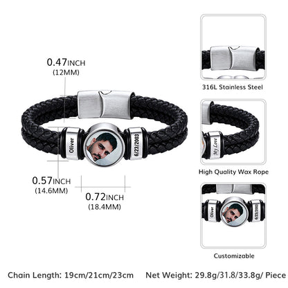 Customizable black braided rope photo bracelet with a stainless steel clasp and a circular photo insert, shown with dimension labels and inset detail views of the clasp, wax rope, and custom design.