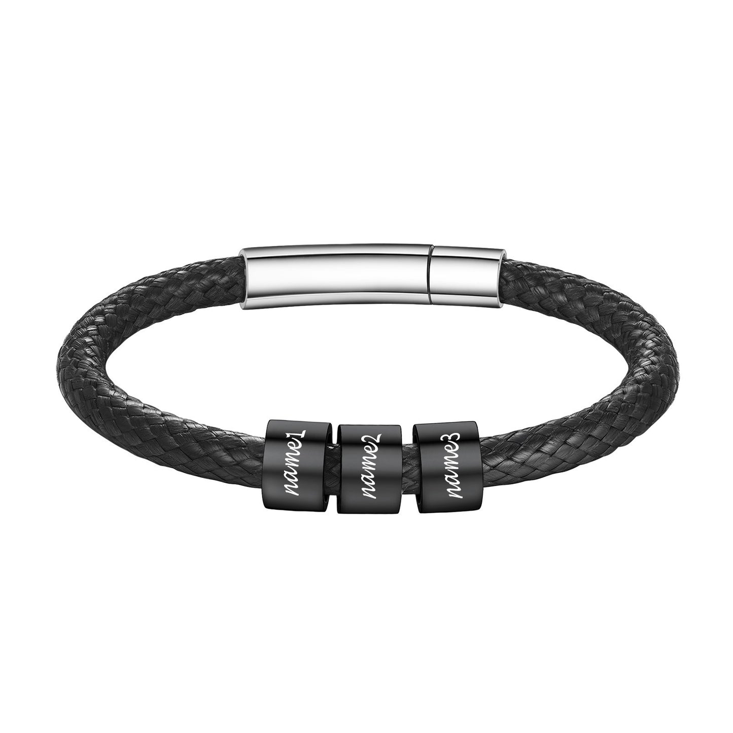 Customized Leather Braided Rope Bracelet with 3 Engraving Beads Black