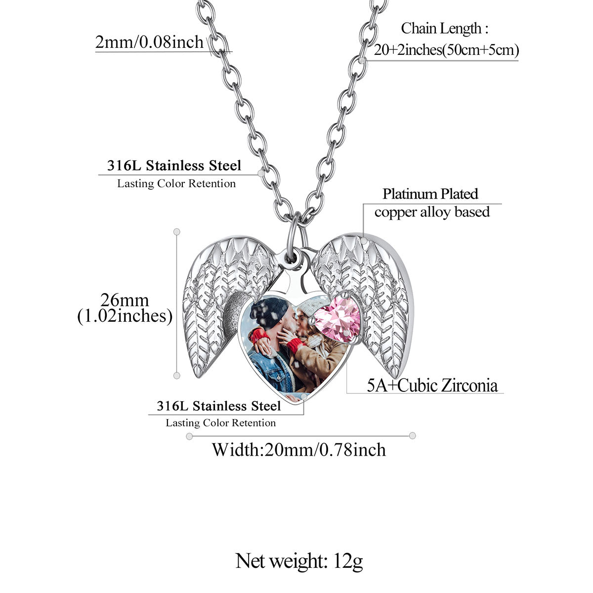 Customized Angel Wing Heart Locket Necklace Dimension, Durable, Solid