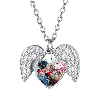 Customized Angel Wing Heart Photo Locket Necklace