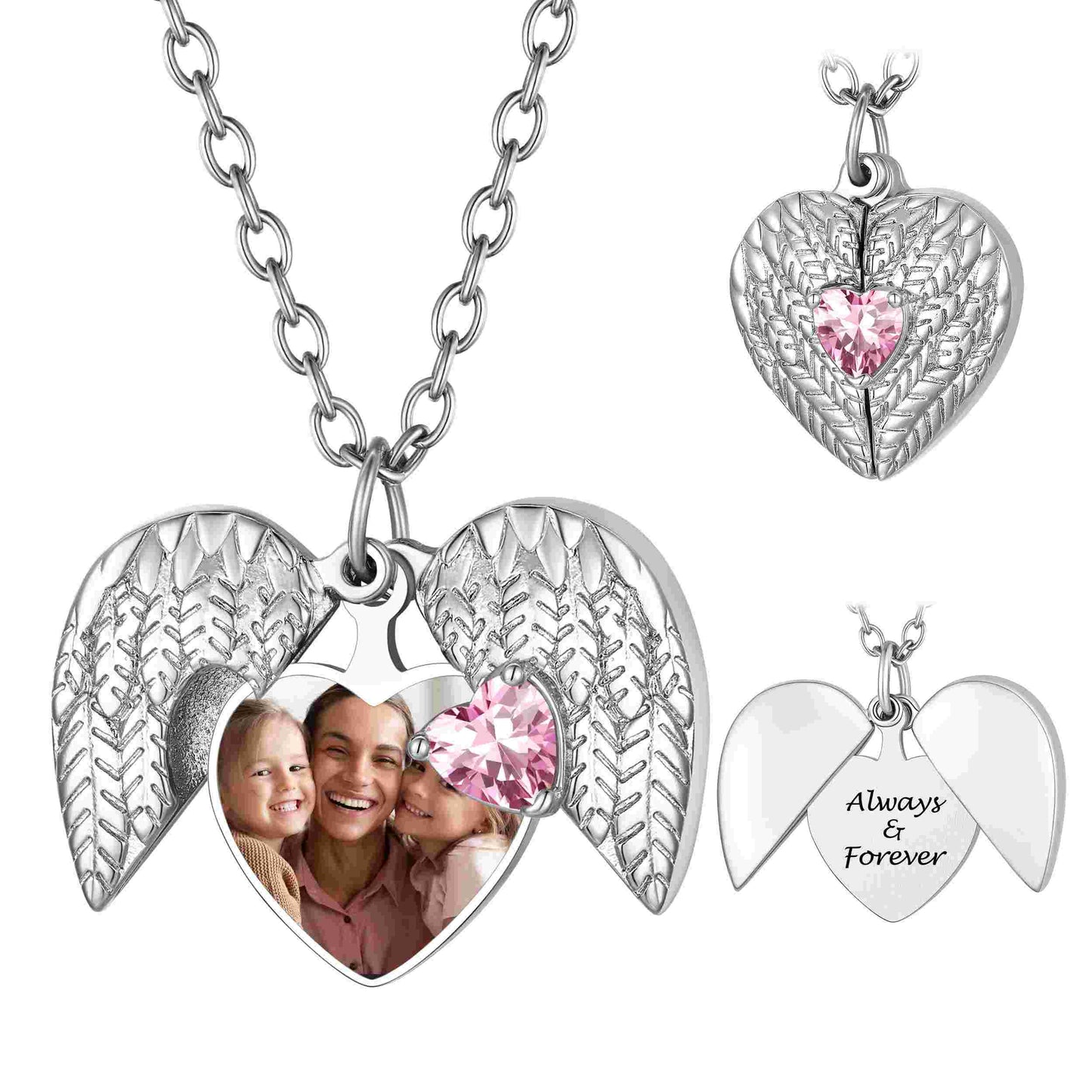 Customized Angel Wing Heart Photo Locket Necklace with Birthstone