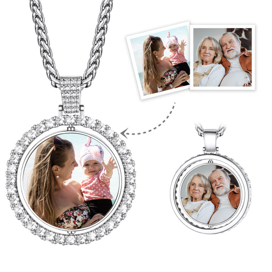 A customized double-sided picture necklace with cubic zirconia. The main image shows the necklace with a photo of a mother and her child on one side and an older couple on the other side.