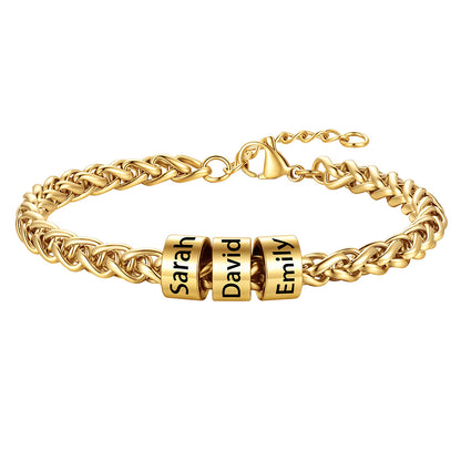 Customized  Engraved 3 Name Beads Bracelet for Men Women on a white background