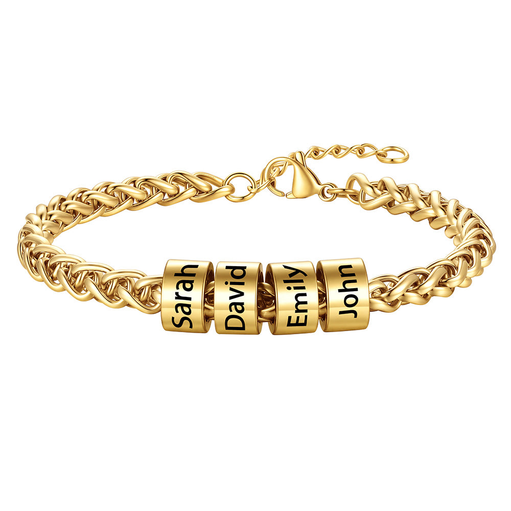 Customized  Engraved 4 Name Beads Bracelet for Men Women on a white background