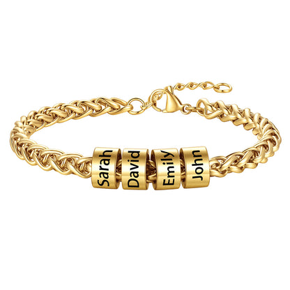 Customized  Engraved 4 Name Beads Bracelet for Men Women on a white background