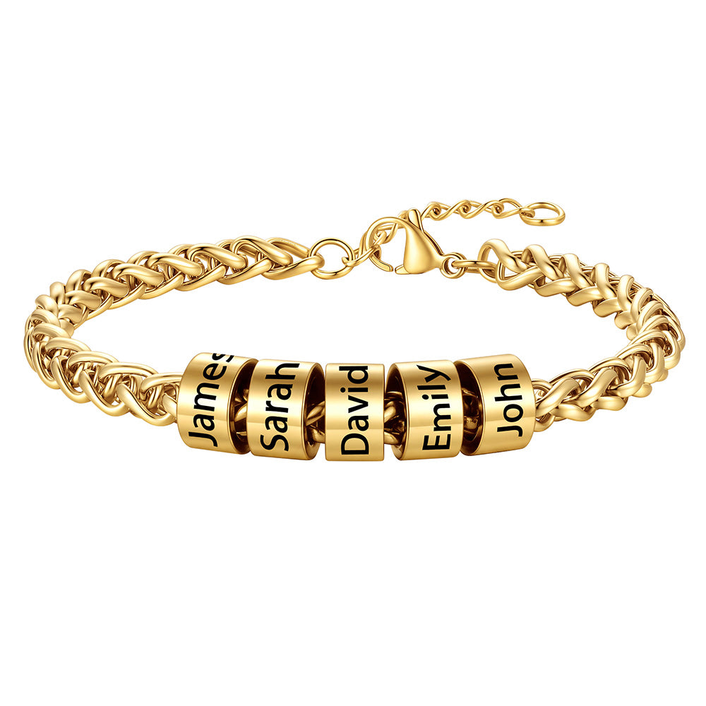 Customized  Engraved 5 Name Beads Bracelet for Men Women on a white background
