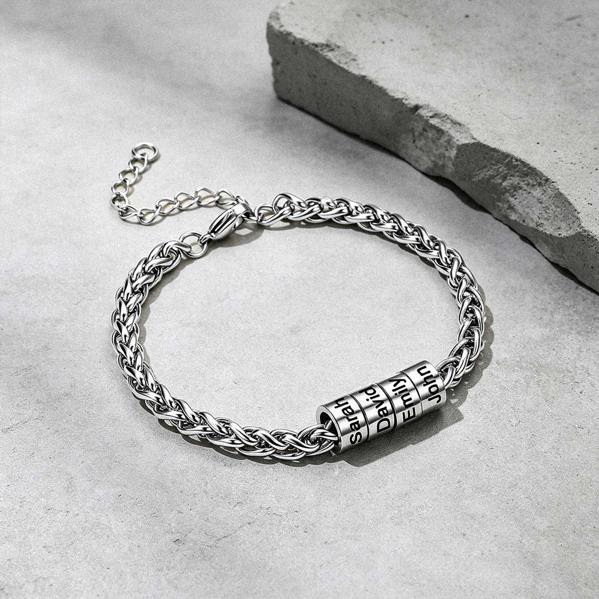 Customized  Engraved Name Beads Bracelet for Men Women on a grey background