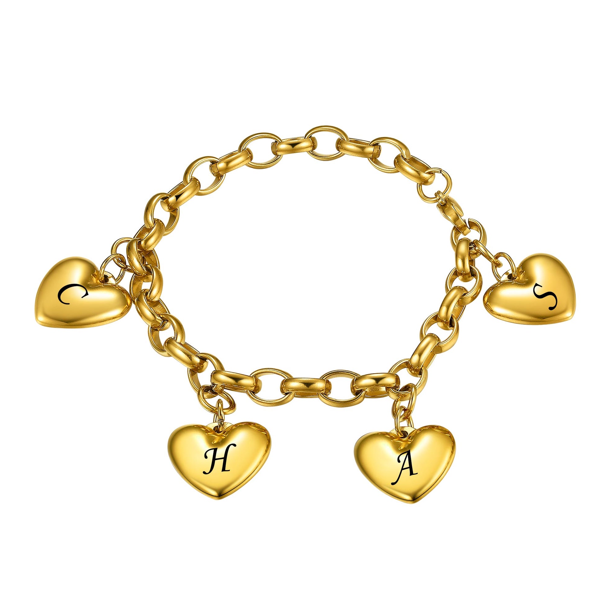 Personalized Engraved Hearts Charm Bracelet 4 heart gold