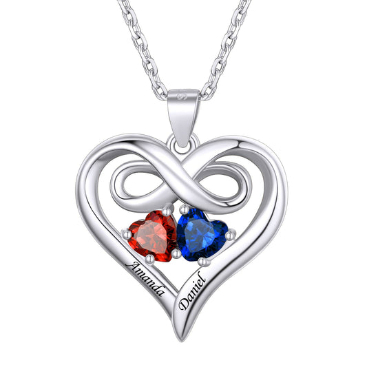 Personalized Infinity Heart Necklace With Birthstones in Sterling Silver