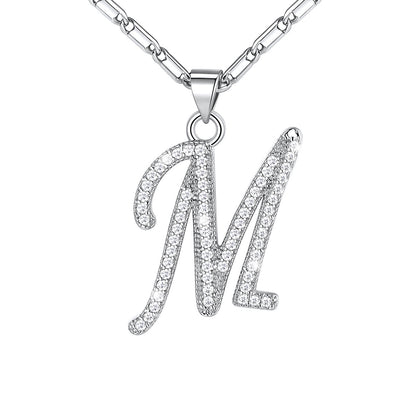 Dainty Cubic Zirconia Initial M Necklace White Gold Plated