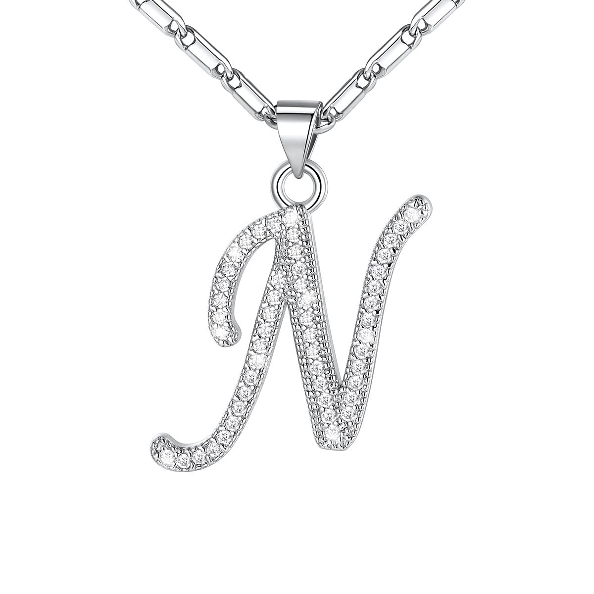 Dainty Cubic Zirconia Initial N Necklace White Gold Plated