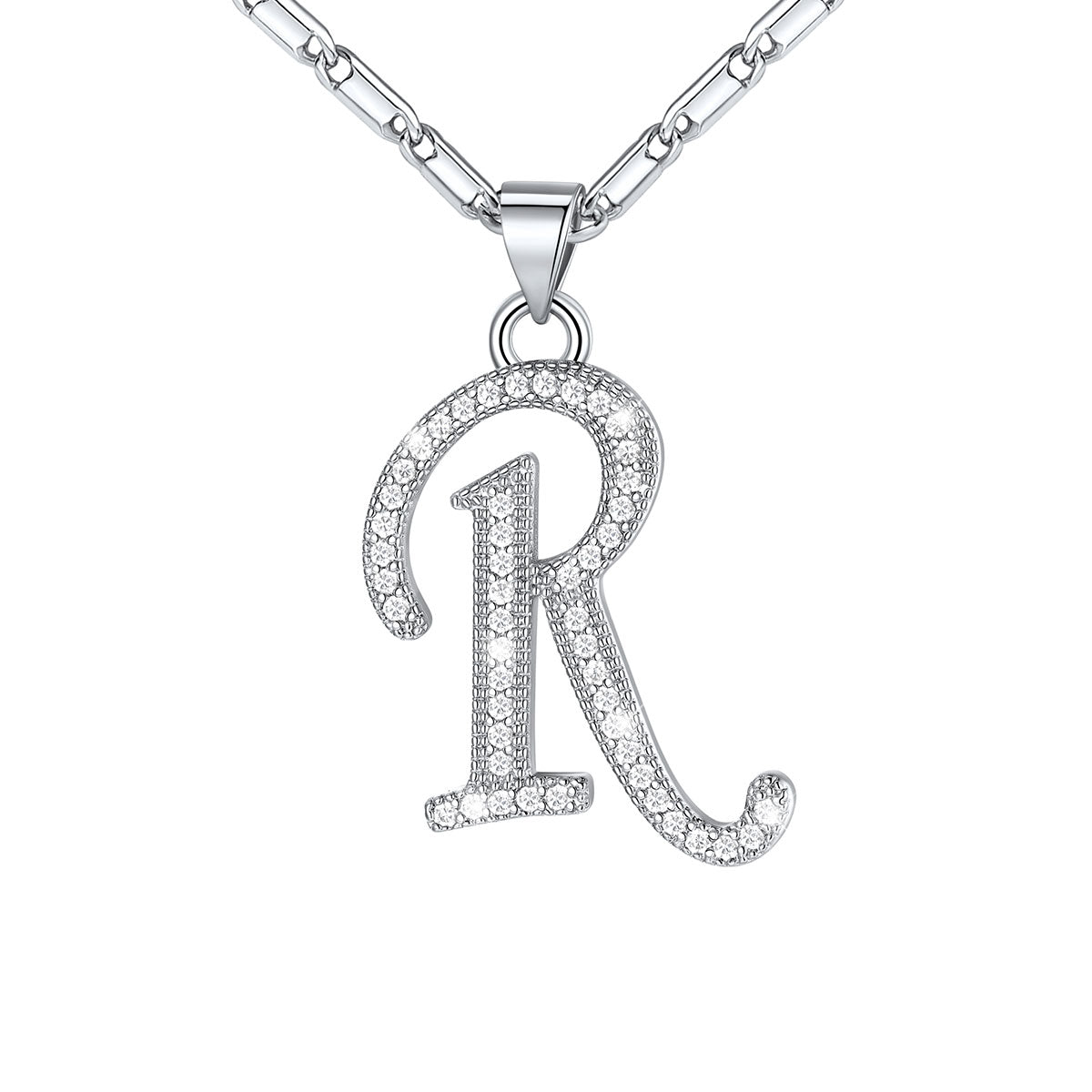 Dainty Cubic Zirconia Initial R Necklace White Gold Plated