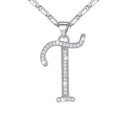 Dainty Cubic Zirconia Initial T Necklace White Gold Plated