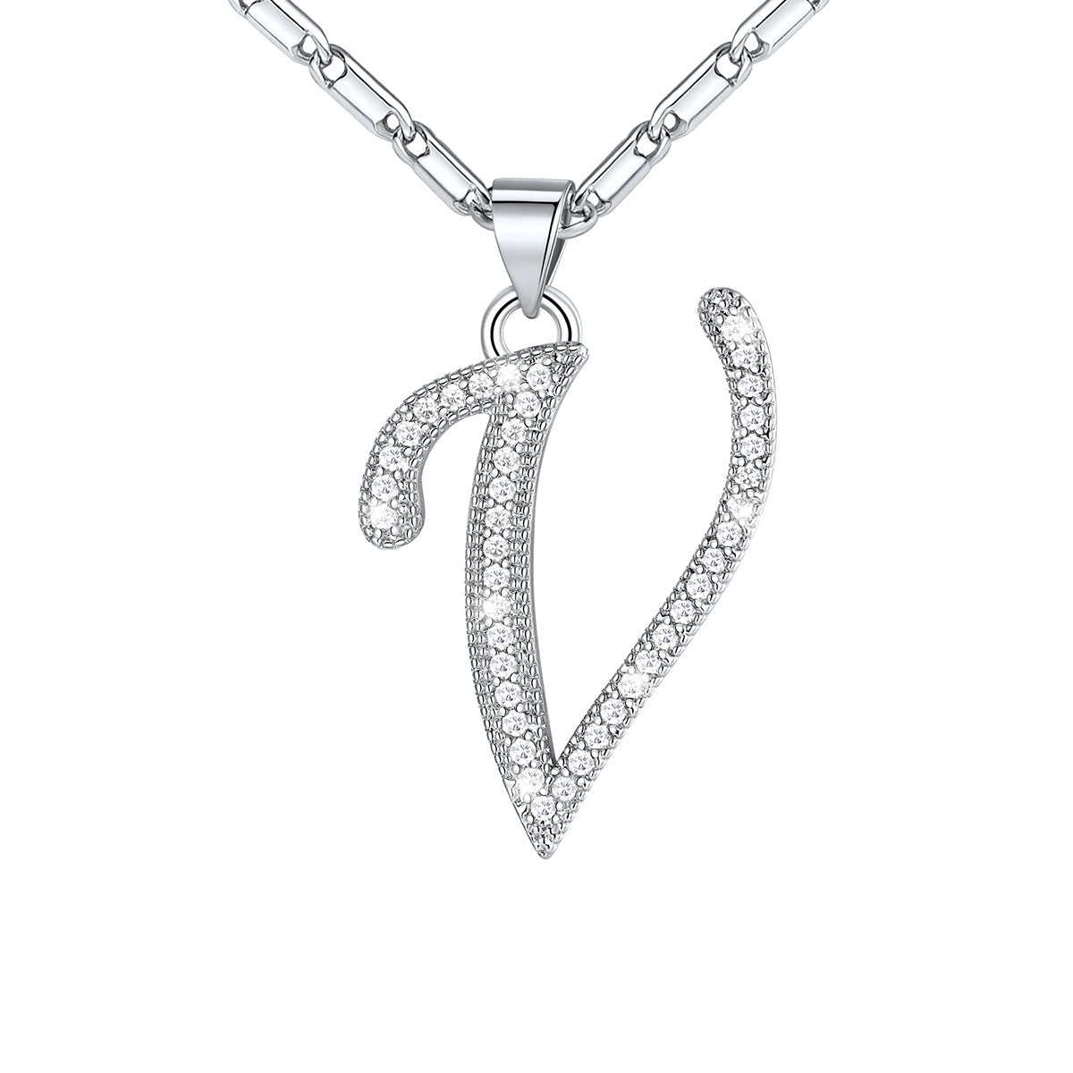 Dainty Cubic Zirconia Initial V Necklace White Gold Plated