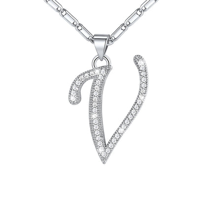 Dainty Cubic Zirconia Initial V Necklace White Gold Plated