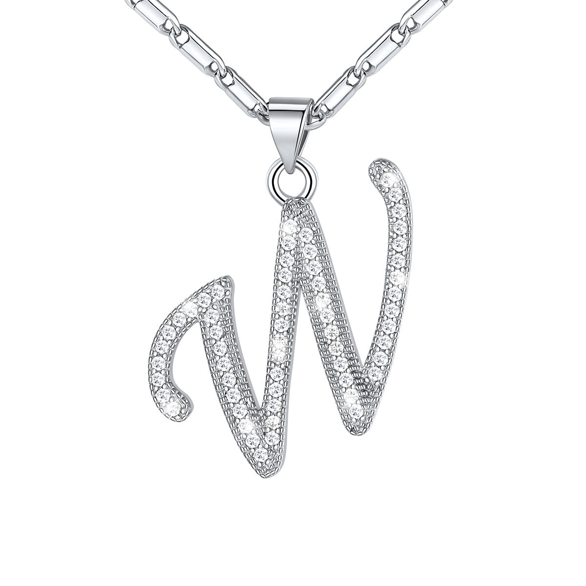 Dainty Cubic Zirconia Initial W Necklace White Gold Plated