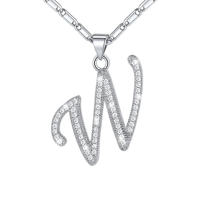 Dainty Cubic Zirconia Initial W Necklace White Gold Plated