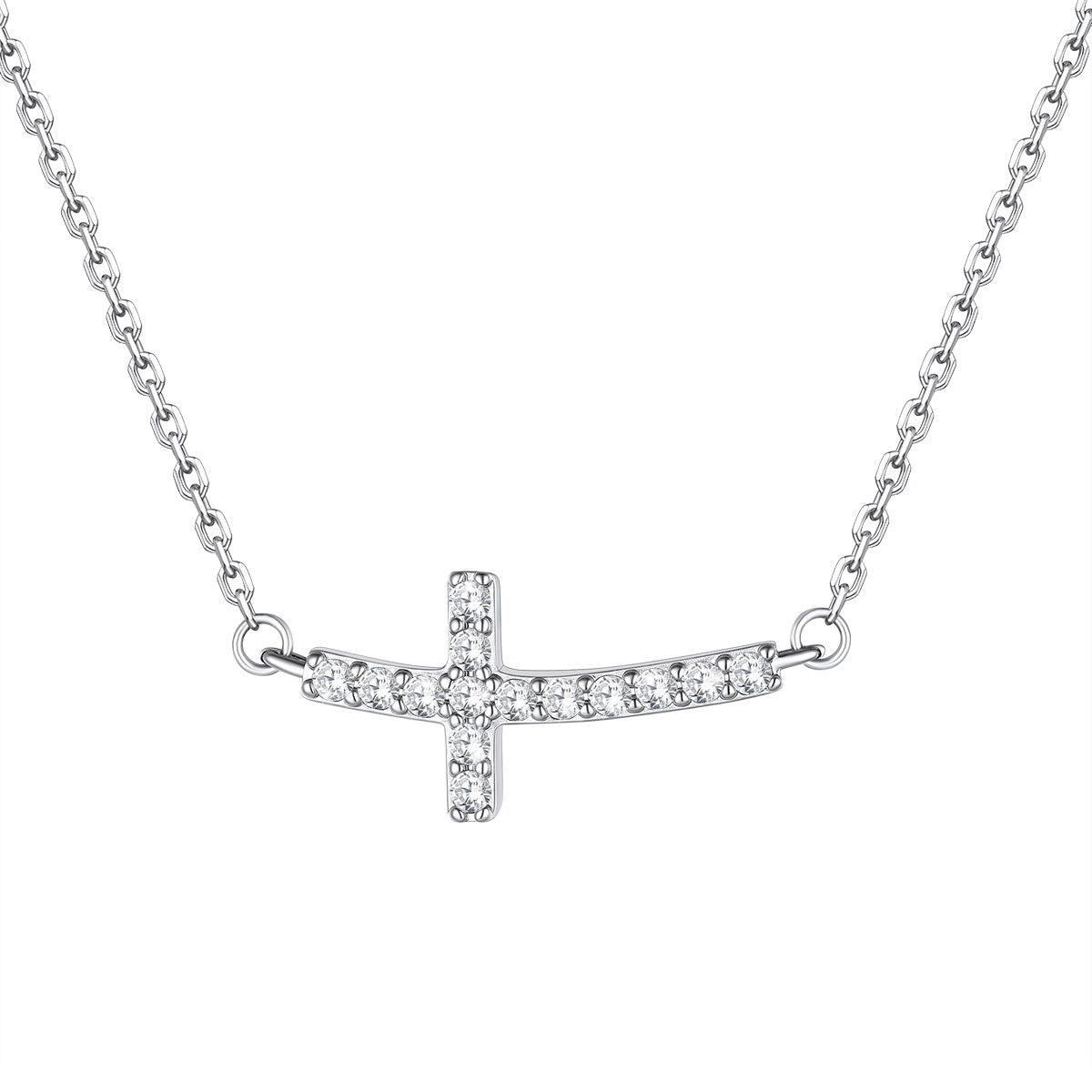 Dainty Cubic Zirconia Sideways Cross Necklace for Women on a white background