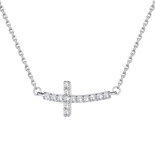 Dainty Cubic Zirconia Sideways Cross Necklace for Women on a white background