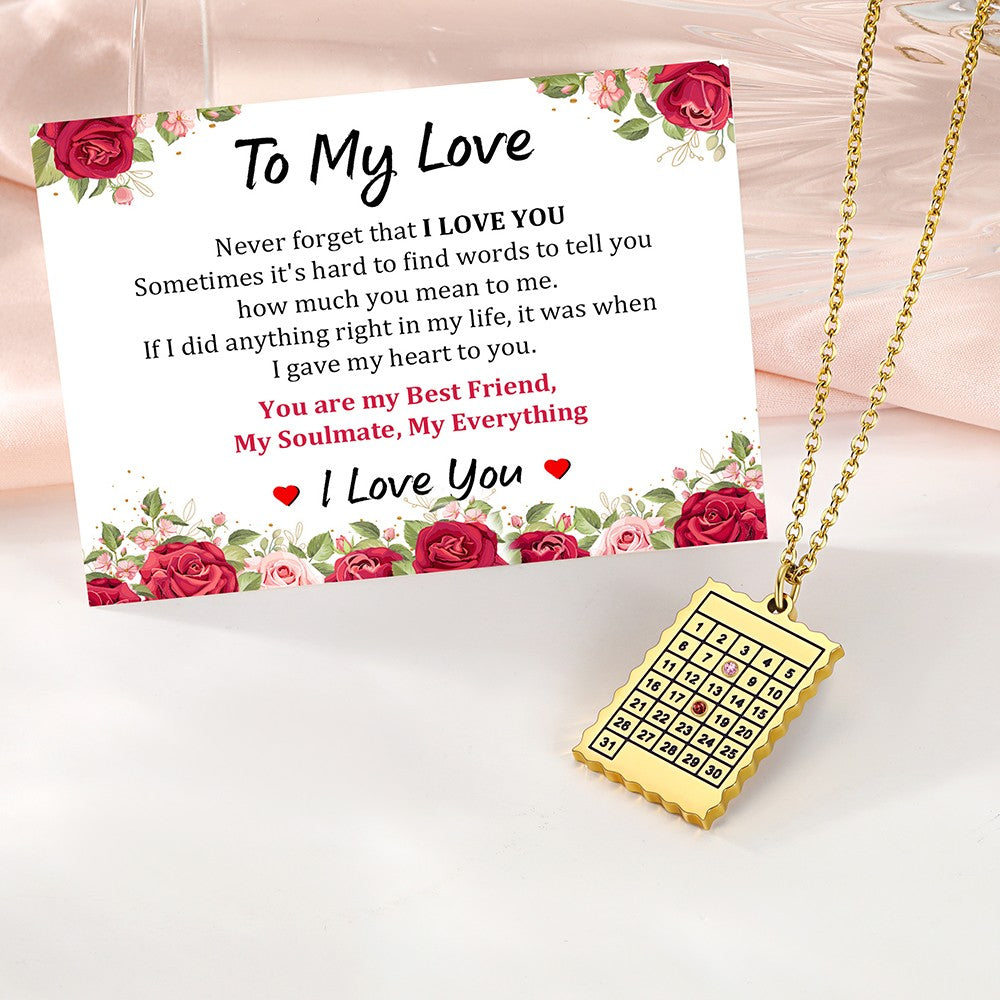 Date Calendar Birthstone Necklace with greeting card