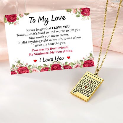Date Calendar Birthstone Necklace with greeting card