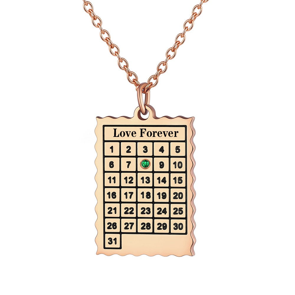 Date Calendar Necklace with 1 Birthstone Rose Gold Plated