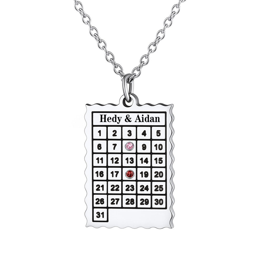Date Calendar Necklace with 2 Birthstone